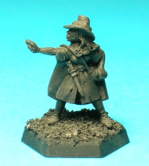 Pose 1. This is the low-level character, standing with right hand held forwards in a spell-casting pose. She is armed only with a slim dagger at her belt, and wears simple travel-worn robes, a cloak and a hat.