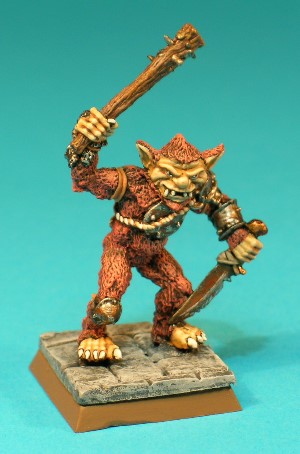 Figure 11, Bugbear.<br>This Bugbear wields a spiked wooden club and a long, notched knife. He wears tattered remnants of scavenged armour and again is smaller and less bulky than the Bugbears later released under the ADD56 code.